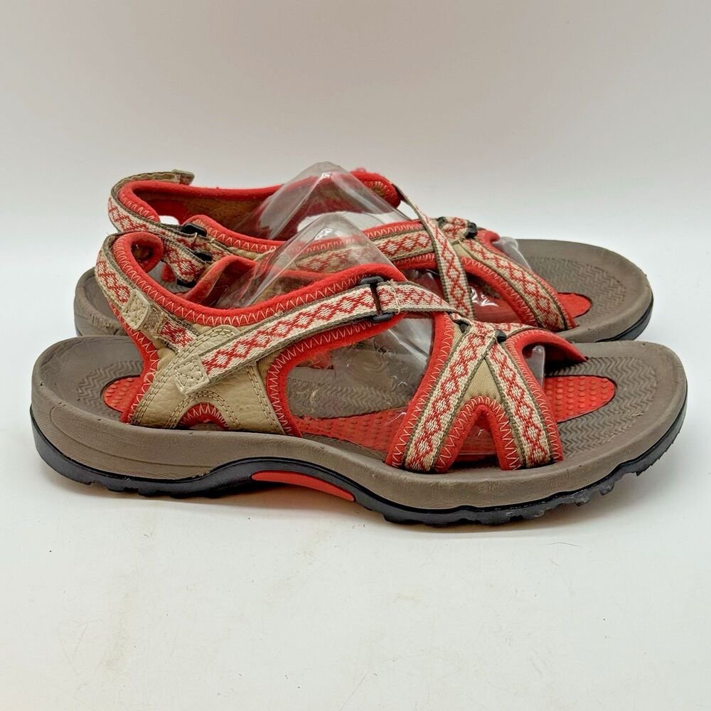 Lands' End H2O Sport Sandals Women's 8B Coral Tan Hook & Loop Strap Flats 359588